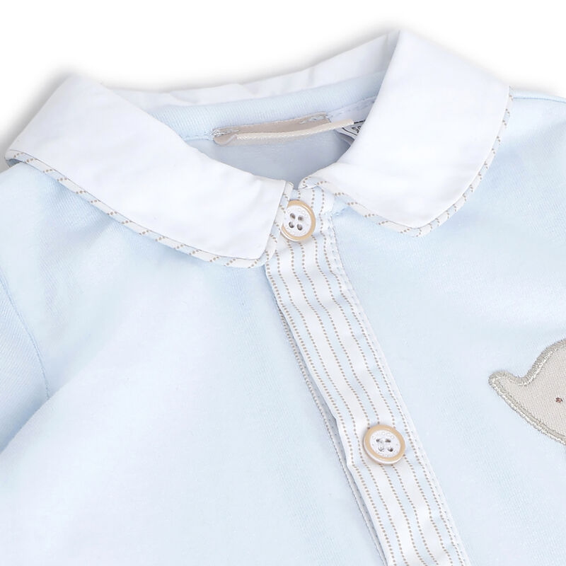 Boys Light Blue Applique Front Opening Babysuit image number 2